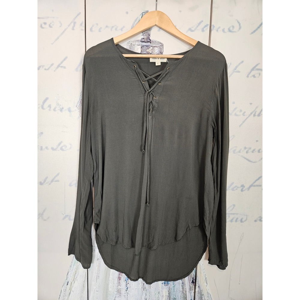Anhtropologie Cloth & Stone Lace Up Blouse L‎ Olive Green High Low Rayon Tunic